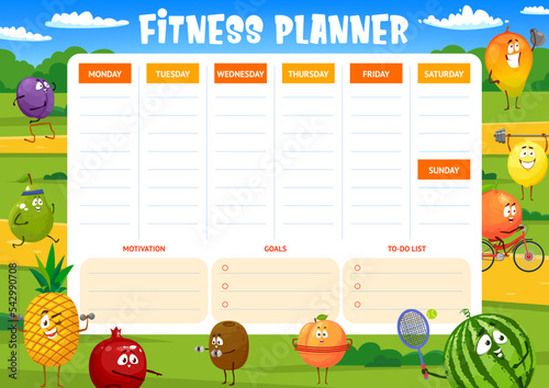 Fitness weekly planner, cartoon fruits sportsmen agenda calendar schedule. Vector template for workout exercises with plum, pear, pineapple and kiwi, pomegranate, watermelon or mango, lemon and orange