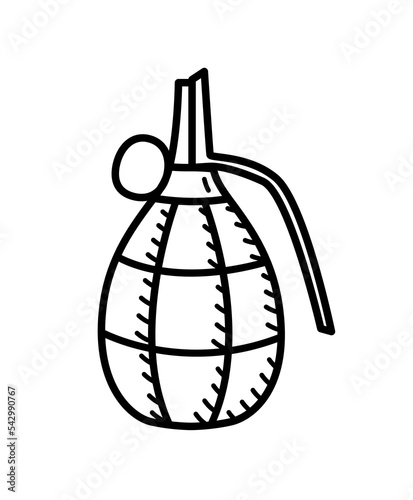 Hand grenade, vector doodle icon military bomb. Isolate on white.