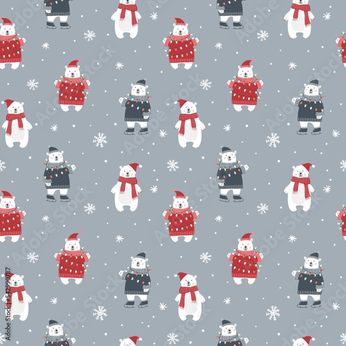 Christmas seamless pattern with polar bear and snowflakes. Flat style.