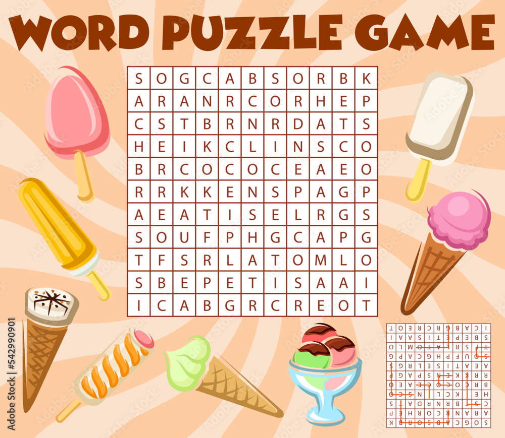 Ice cream desserts, word search puzzle game worksheet, vector kids quiz