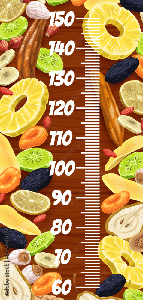 Dried fruits. Kids height chart ruler. Children growth centimeters scale vector ruler, children height measure chart with dried lemon, kiwi, banana and rosehip, prune, pineapple and pear, fig, mango - obrazy, fototapety, plakaty 