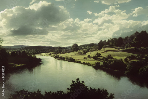 A serene peaceful river in the countryside. 