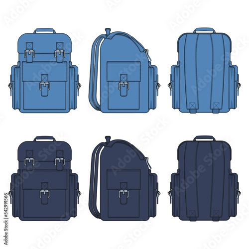 Set of color illustrations with a jeans backpack. Isolated vector objects on white.
