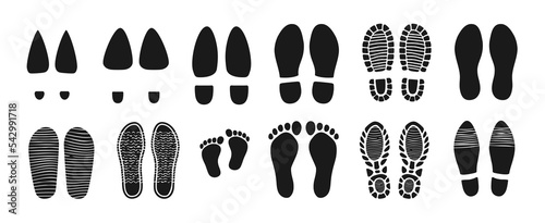 Shoes and barefoot footprints. Isolated step tread or vector foot traces with baby feet. Human barefoot and sneakers sole, tracking boot, woman shoe on heels and flip flops, slippers black trails