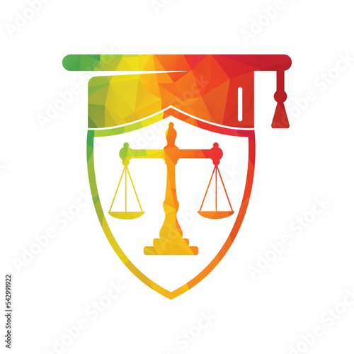 Law scale with graduation cap icon logo design. Law education vector logo concept.	