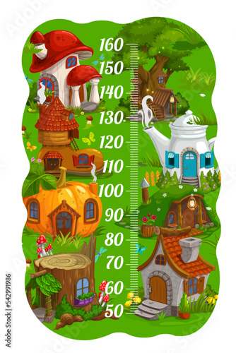 Kids height chart with magic fairy houses. Vector ruler with fairytale cartoon dwellings. Growth meter with mushroom, pumpkin, boot and stump. Tree, teapot, hillock and stone cottage buildings