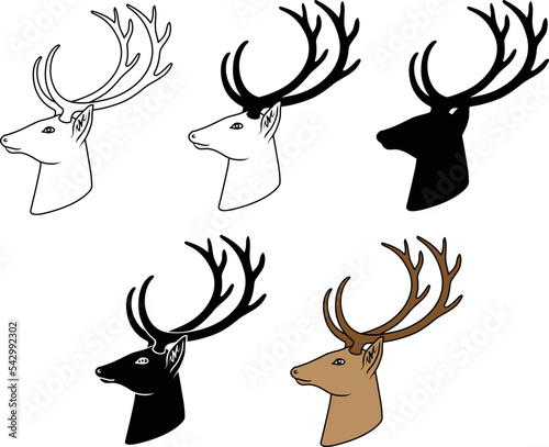 Deer Head with Antlers Clipart Set - Outline, Silhouette & Color
