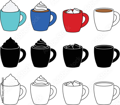 Fotografie, Tablou Hot Chocolate Clipart with Whip Cream and Marshmallows - Outline, Silhouette & C