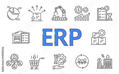 ERP. Enterprise resource planning infographics. Marketing line icons, business management system vector symbols. Finance strategy and accounting infographics with supply, team and profit outline signs photo