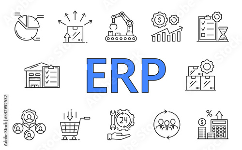 ERP. Enterprise resource planning infographics. Marketing line icons, business management system vector symbols. Finance strategy and accounting infographics with supply, team and profit outline signs