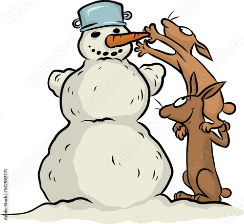 Zwei freche Hasen klauen einem niedlichen Schneemann die Karotte
