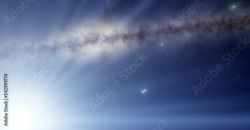 Stars and space in the sun light. Sun rays 3d illustration background