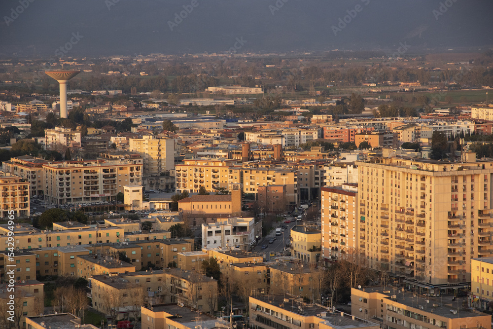 Aerial view of the city of Latina Italy at sunset. City reclaimed by Benito Mussolini during Fascism with rationalist style architecture