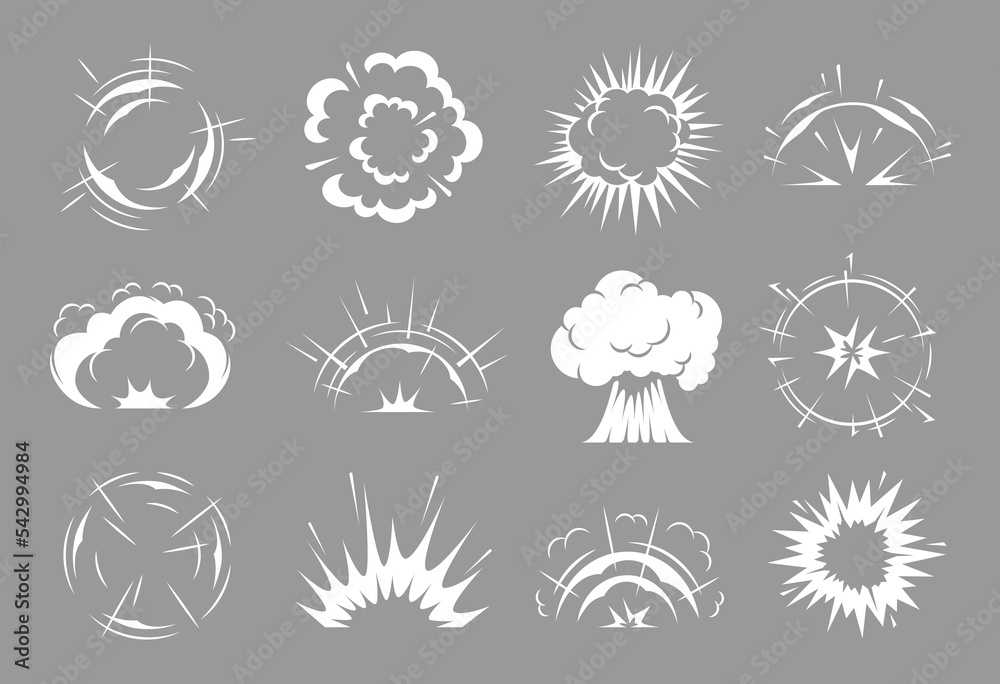 Fototapeta premium Bomb explosions and comics clouds. Cartoon vector boom effect, white smoke, nuclear mushroom, toxic steaming vapour, dust steam. Gas spray, burst ui or gui interface design elements isolated set