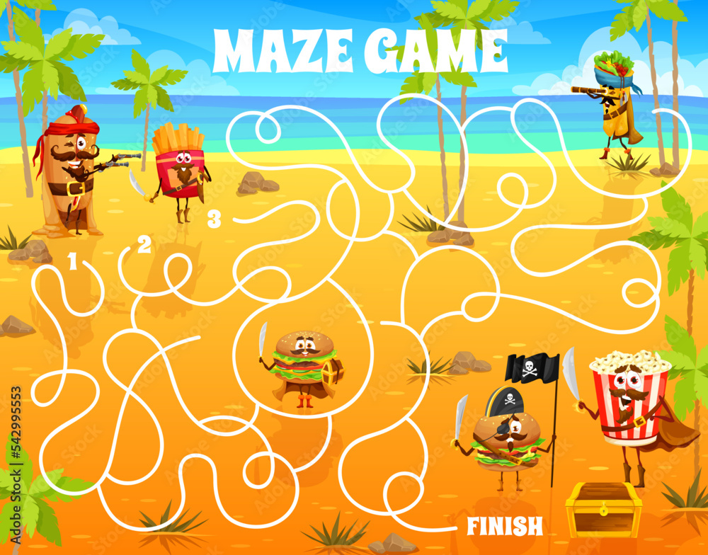 Labyrinth maze game cartoon pirates and captain fastfood characters on ...