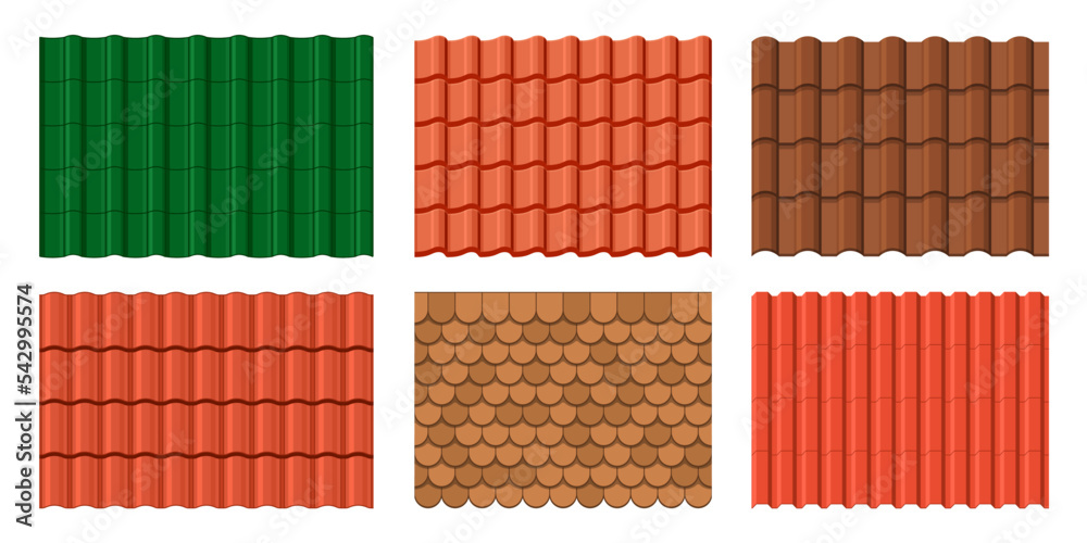 Roof tile background. Home rooftop terracotta ceramic tile patterns, architecture clay brick surface or vector backgrounds. Building roof metal or ceramic sheet material textures set - obrazy, fototapety, plakaty 