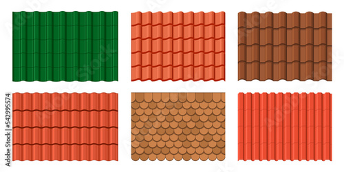 Roof tile background. Home rooftop terracotta ceramic tile patterns, architecture clay brick surface or vector backgrounds. Building roof metal or ceramic sheet material textures set photo