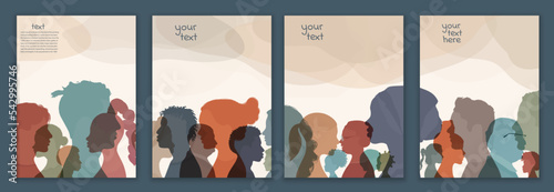 Group people diversity. Silhouette profile of men women children teenagers elderly. Various people different ages.Diverse cultures. Racial equality concept. Banner - Template copy space