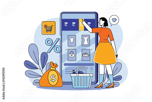 A young girl searching for goods in an e-shop