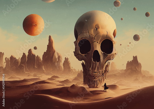 Science fiction digital painting of a lost skull in a deserted landscape