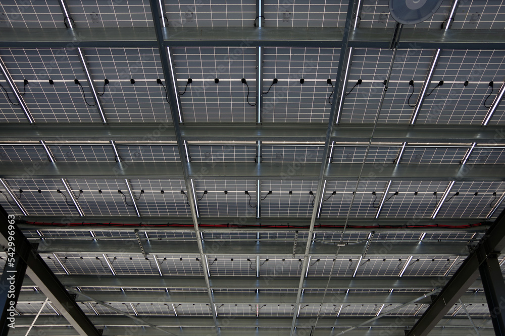 Partial view of a solar energy parking lot roof 