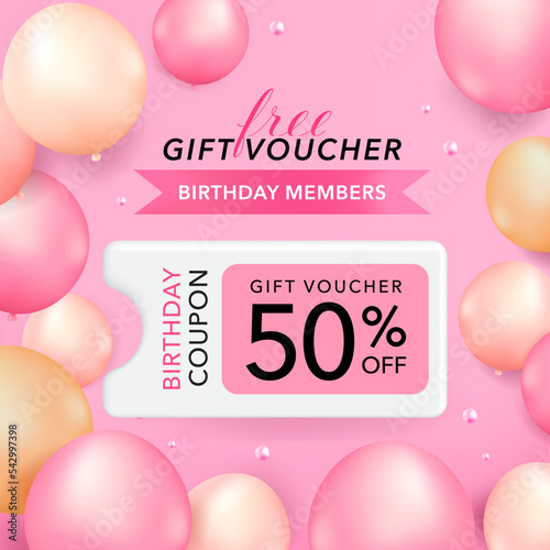 3D Gift voucher coupon. For Birthday sales and Discount online purchases. Percentage label with gift box and balloon isolated on pink background. 3d rendering.