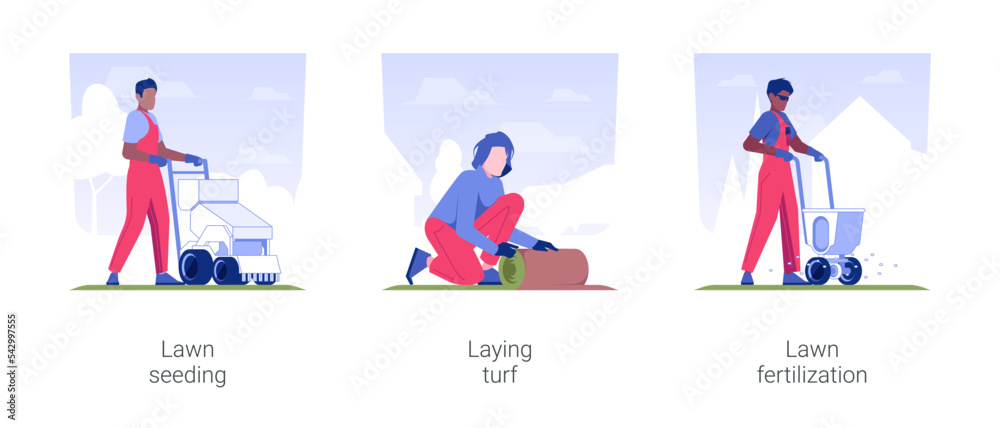 Meadow maintenance service isolated concept vector illustration set. Lawn seeding, laying turf, grass fertilization, gardener in uniform performs landscaping works, exterior works vector cartoon.