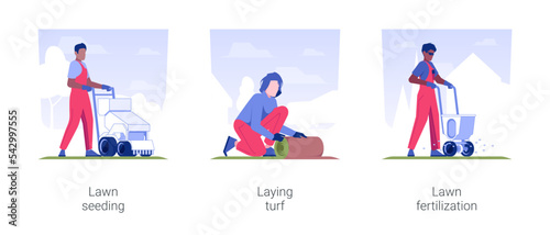 Meadow maintenance service isolated concept vector illustration set. Lawn seeding, laying turf, grass fertilization, gardener in uniform performs landscaping works, exterior works vector cartoon.