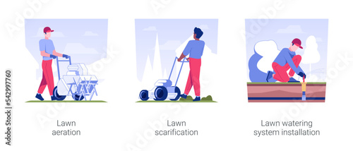 Lawn maintenance service isolated concept vector illustration set. Lawn aeration and scarification, watering system installation, meadow care, landscaping and gardening industry vector cartoon.