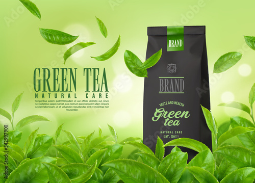Fototapeta Herbal green tea leaves packaging and tea plantation
