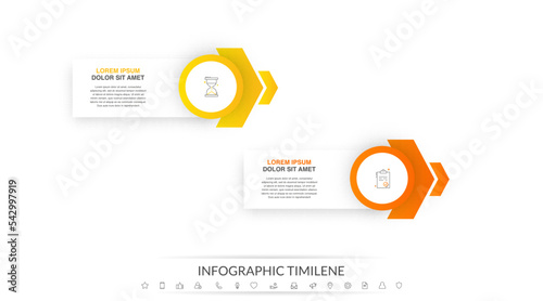 Vector modern infographic with 2 circles and arrows. 3D concept graphic process template with two steps and icons. Timeline for the business project on white background