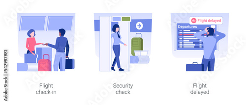 Business trip isolated concept vector illustration set. Flight check-in, security check, flight delayed, timetable information, business class travel, departure hall vector cartoon.