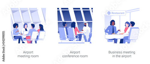 Business meeting in the airport isolated concept vector illustration set. Airport meeting room, conference hall, business class travel, partners meeting and negotiations vector cartoon.