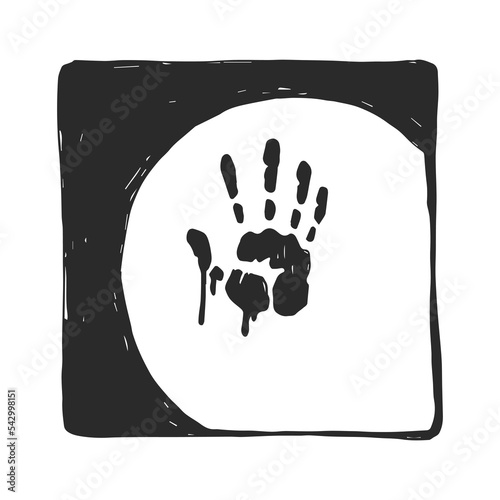 Vector hand-drawn sketch with a bloody handprint on the wall in a circle of light from a flashlight.  Noir detective illustration with a crime scene.