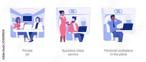 Business travel by plane isolated concept vector illustration set. Private jet, business class service, personal workplace in the plane, working luxury trip, vip passenger vector cartoon.