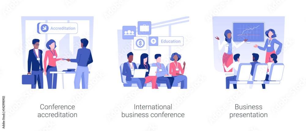 International business conference isolated concept vector illustration set. Conference accreditation, international exhibition, business presentation, work trip, negotiation vector cartoon.