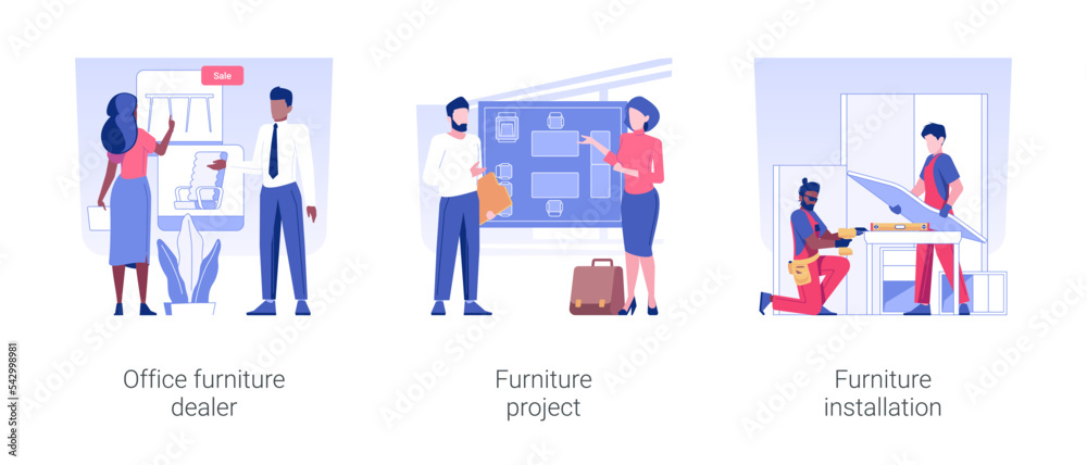 Furniture dealership business isolated concept vector illustration set. Office furniture dealer, room renovation project, table assembling and installation, distributor agreement vector cartoon. Furniture dealership business isolated concept vector illustration set. Office furniture dealer, room renovation project, table assembling and installation, distributor agreement vector cartoon.
