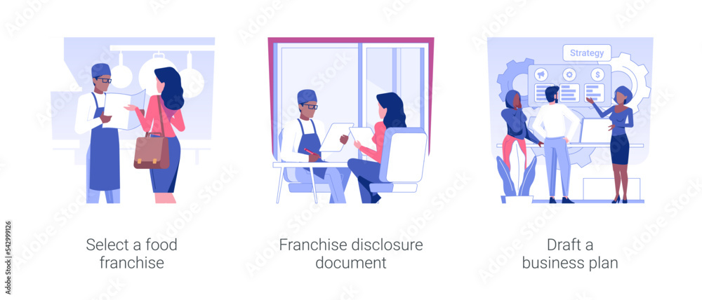 Franchise in food business isolated concept vector illustration set. Select a food franchise and sign disclosure document, draft a business plan, new restaurant opening strategy vector cartoon.