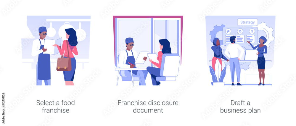 Franchise in food business isolated concept vector illustration set. Select a food franchise and sign disclosure document, draft a business plan, new restaurant opening strategy vector cartoon. Franchise in food business isolated concept vector illustration set. Select a food franchise and sign disclosure document, draft a business plan, new restaurant opening strategy vector cartoon.