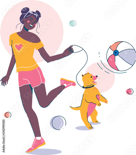 Summer holiday jumping woman with pet young dog