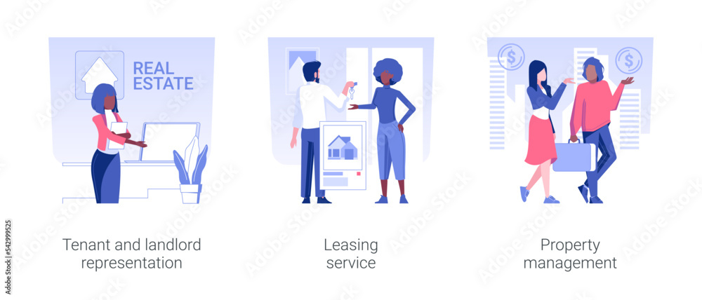 Real estate firm services isolated concept vector illustration set. Tenant and landlord representation, leasing service, property management, brokerage company business vector cartoon. - obrazy, fototapety, plakaty 
