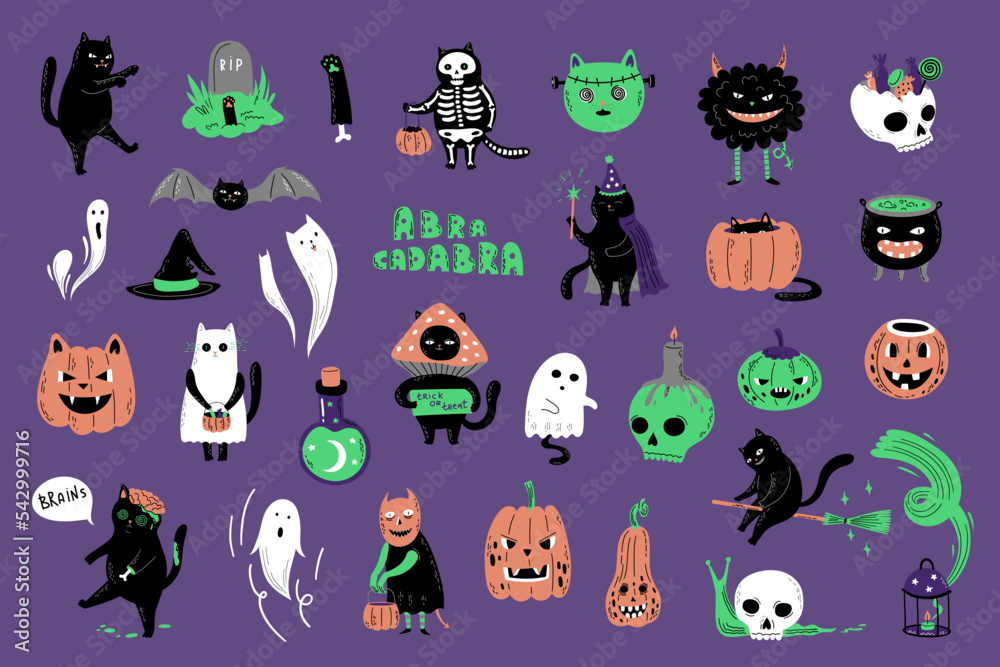 Halloween funny set with black cats, monsters, pumpkins, ghost, zombies. Cute magic character Halloween funny set with black cats, monsters, pumpkins, ghost, zombies. Cute magic character