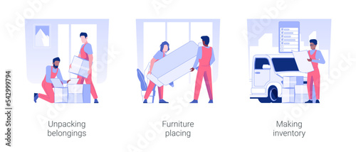 Full service moving company isolated concept vector illustration set. Unpacking belongings, furniture placing, making inventory, couriers delivery services, real estate business vector cartoon.
