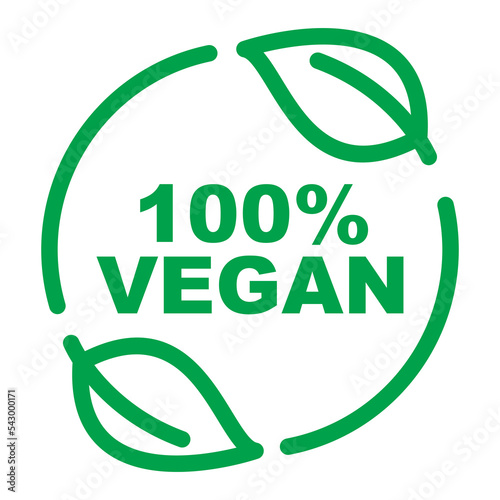 Minimalistic 100% vegan logo. Linear 100% vegan food symbol inside circle with leaves, Vector illustration.