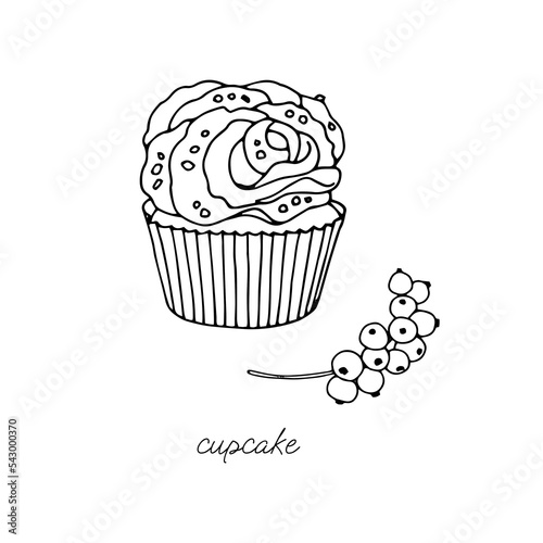 Fresh cupcake with cream decorated with dragee and chocolate chips on a white background black and white