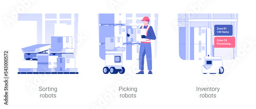 Autonomous mobile robots isolated concept vector illustration set. Sorting and picking robots, inventory technology in retail store, unit load, wholesale and warehousing business vector cartoon.