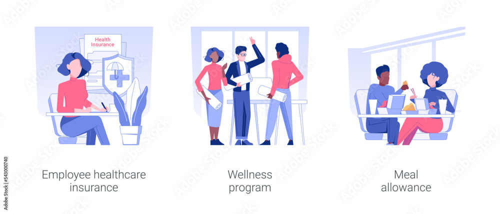 Workers wellbeing isolated concept vector illustration set. Employee healthcare insurance, wellness program, meal allowance, free food at work, company rules, social security vector cartoon.