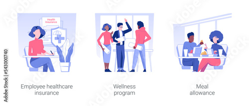 Workers wellbeing isolated concept vector illustration set. Employee healthcare insurance, wellness program, meal allowance, free food at work, company rules, social security vector cartoon.