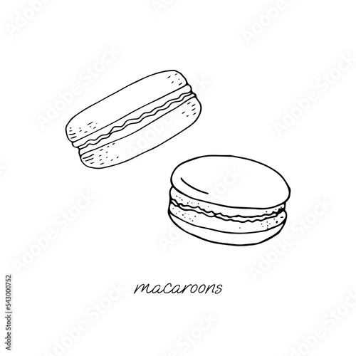 Fresh stuffed macaroons puff pastries on a white background black and white