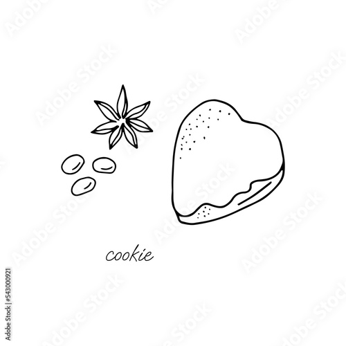 Cookies in the form of a heart in glaze, dragee and star anise black and white